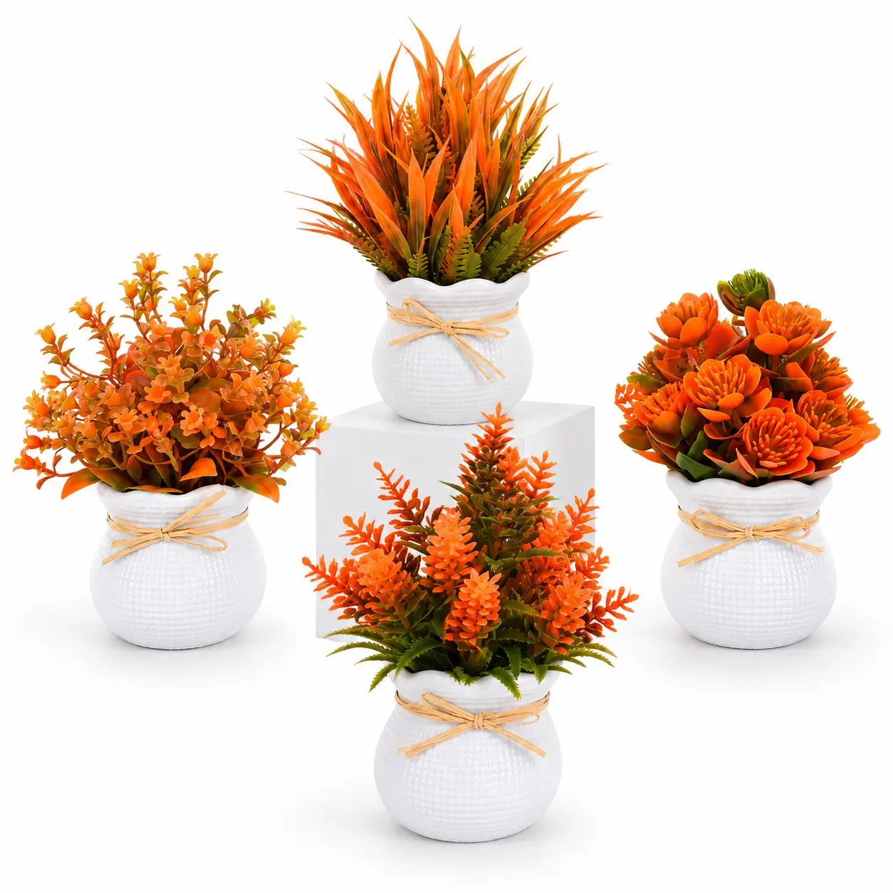 4pcs Autumn Artificial Flower Pots, Desktop Decor, Low Maintenance Fake Plants, Thanksgiving Pumpkin Style, Table Entry Accent