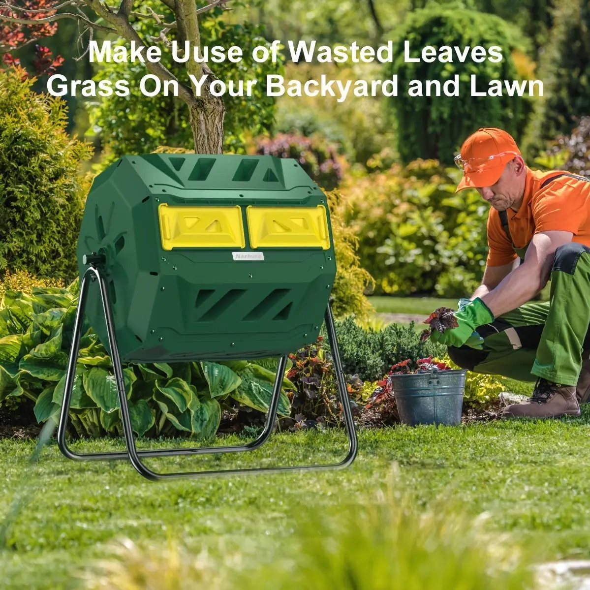 Dual Chamber Tumbling Composter 43 Gallon, Rotatable Compost Barrel Bin, Outdoor Composter for Yard Leaves, Kitchen Food Waste, Garden Patio Trash