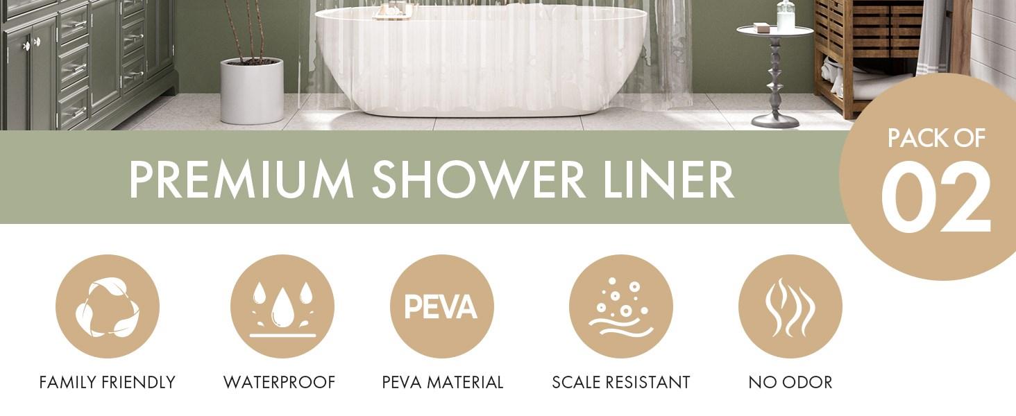 Shower Curtain Liner 2 Pack, 72 x 96 Inches Extra Long PEVA Plastic Shower Liner with 3 Weighted Stones and 12 Rustproof Metal Grommet, Lightweight Waterpr