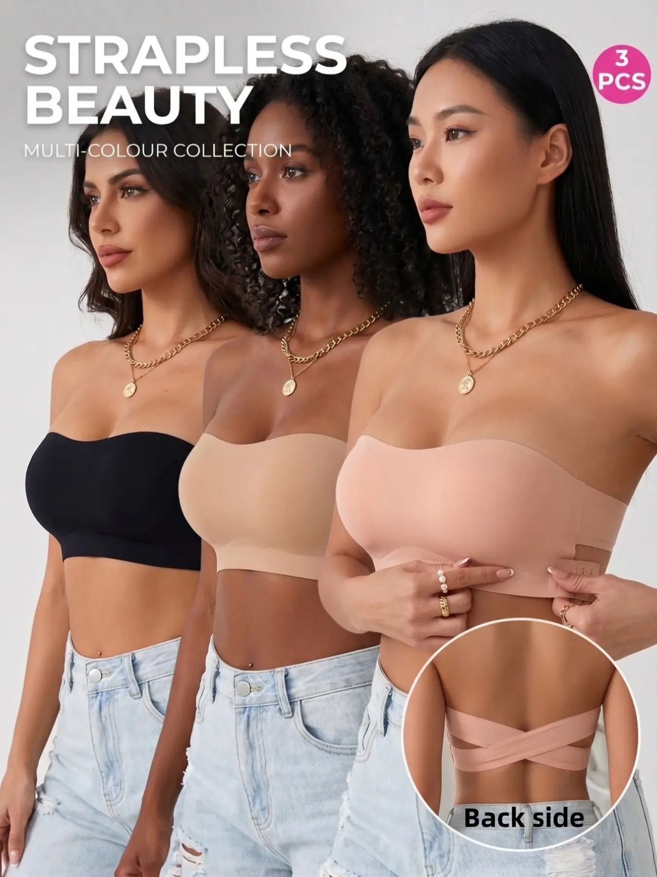 3-Pack Seamless Strapless Bralettes, Cross-Back Invisible Bras, Side Closure Non-Slip Push-Up Underwire Free, Women's Solid Comfortable Lingerie, Adjustable Bra