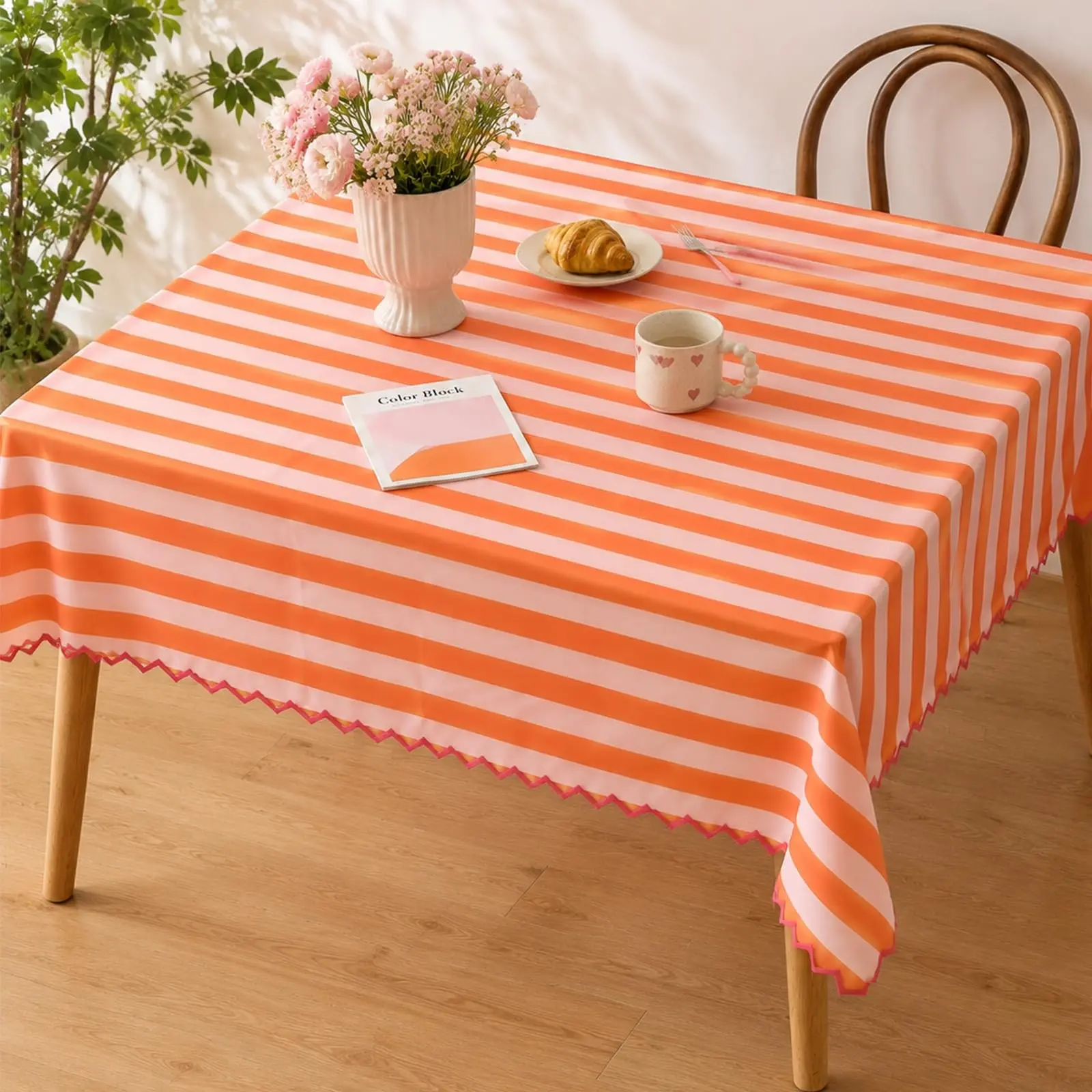 Plaid Rectangular Tablecloth, Stripes and Zigzag Edges, Party Birthday Home Kitchen Decor, Table Decoration, Home Décor