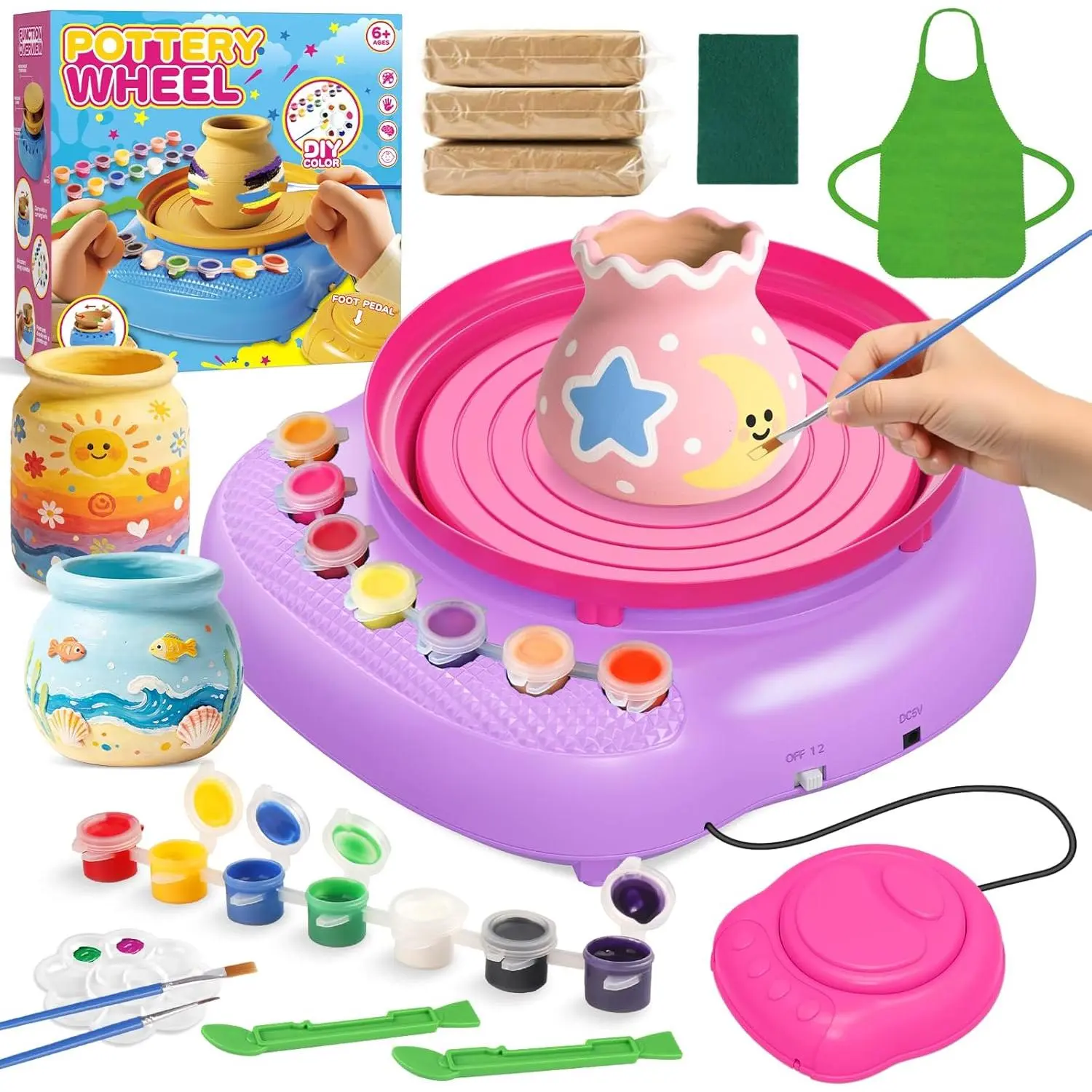 Pottery Wheel for Kids Beginners, Air-Dry Clay & Paint Kit Ages 6-12 | 3 Clay Packs, 14 Paint Colors, Sculpting Tools, Brushes, Palette,Apron; Gentle Beginner Spin, USB Rechargeable, No Oven