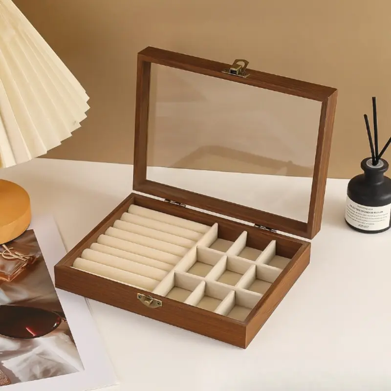 Wooden Jewelry Box with Glass Lid, Two-In-One Earring Ring Organizer, Walnut Wood with Velvet Lining, Home Display Jewelry Storage, 7.9x5.9x2.0 Inches