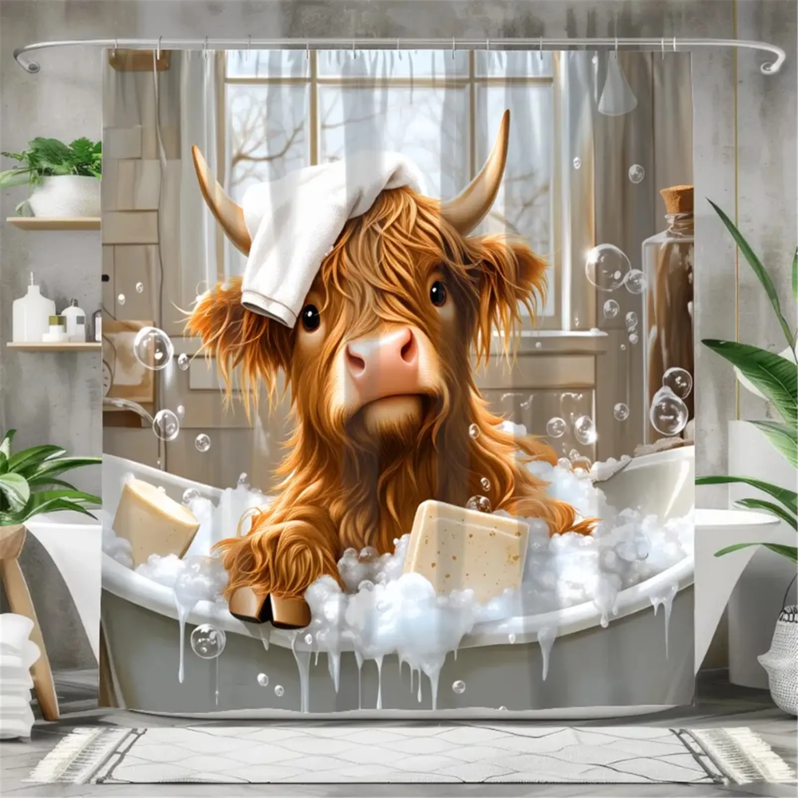 Classic Straight-Hanging Polyester Cute Highland Cow Bath Pattern Shower Curtain Set with 12 Hooks, Waterproof Shower Curtain, Non-Slip Bathroom Carpet, U-Shaped Toilet Cushion, Toilet Seat Cover, Bathroom Decoration Bag, Mobile Gift
