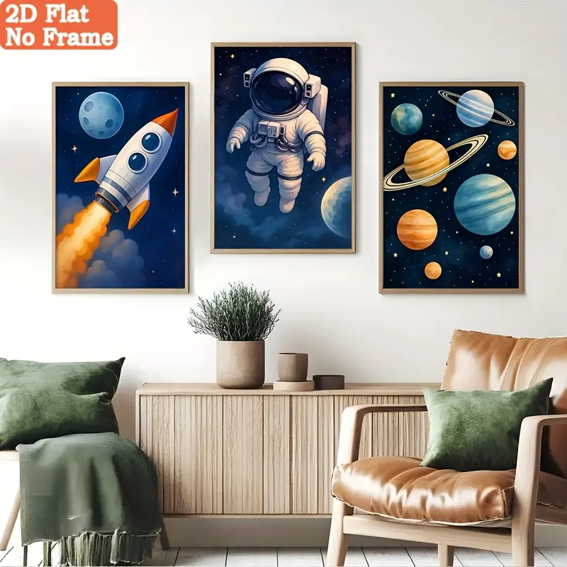 Set of 3 vibrant, unframed 2D canvas art prints featuring space and astronaut themes-including striking rocket launch and planet designs.This modern artwork is perfect for children's rooms, offices, home decor, and seasonal decorations for Halloween or C