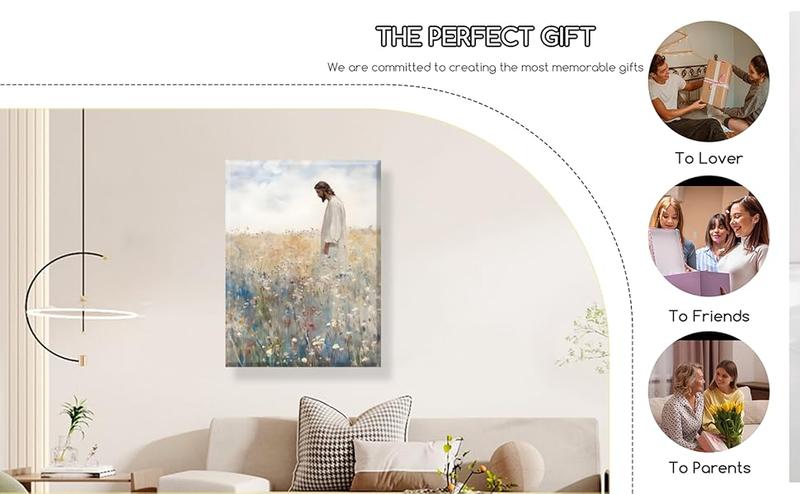 Framed Jesus Leaves the 99 Christian Canvas Wall Art Inspirational Painting of Jesus in Autumn Wildflowers Religious Faith Art Picture Print Christian Décor for Home Living Room and Church12x16in Decor Ornaments