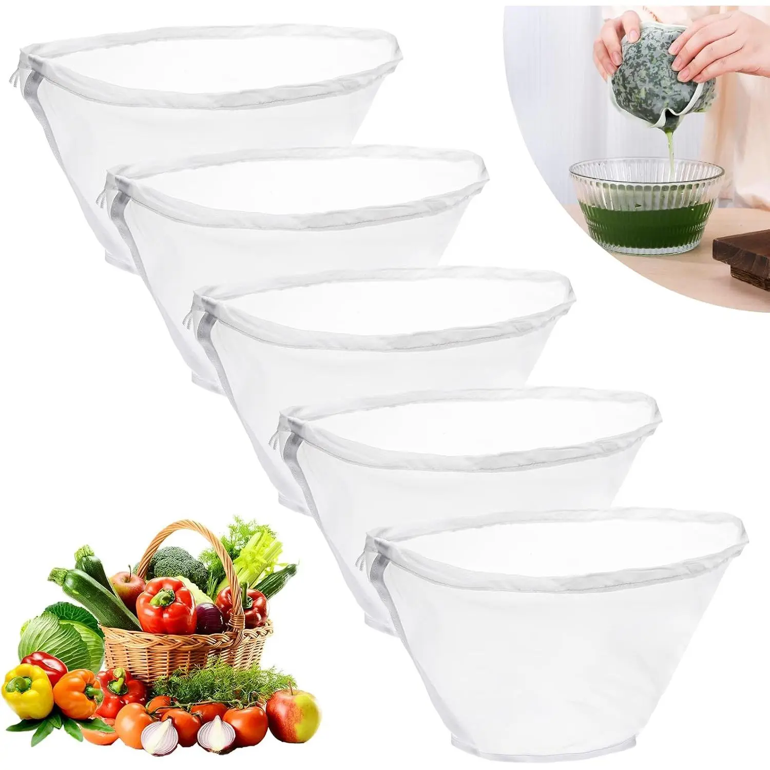 Cheese Cloth Bag for Straining, 5 Pack, Bowl-Shaped Fine Mesh Nylon Nut Milk Bag  for Straining Almond/Oat/Soy Milk, , Yogurt, Juice, Dumpling Fillings, Coffee, Flour (Small)
