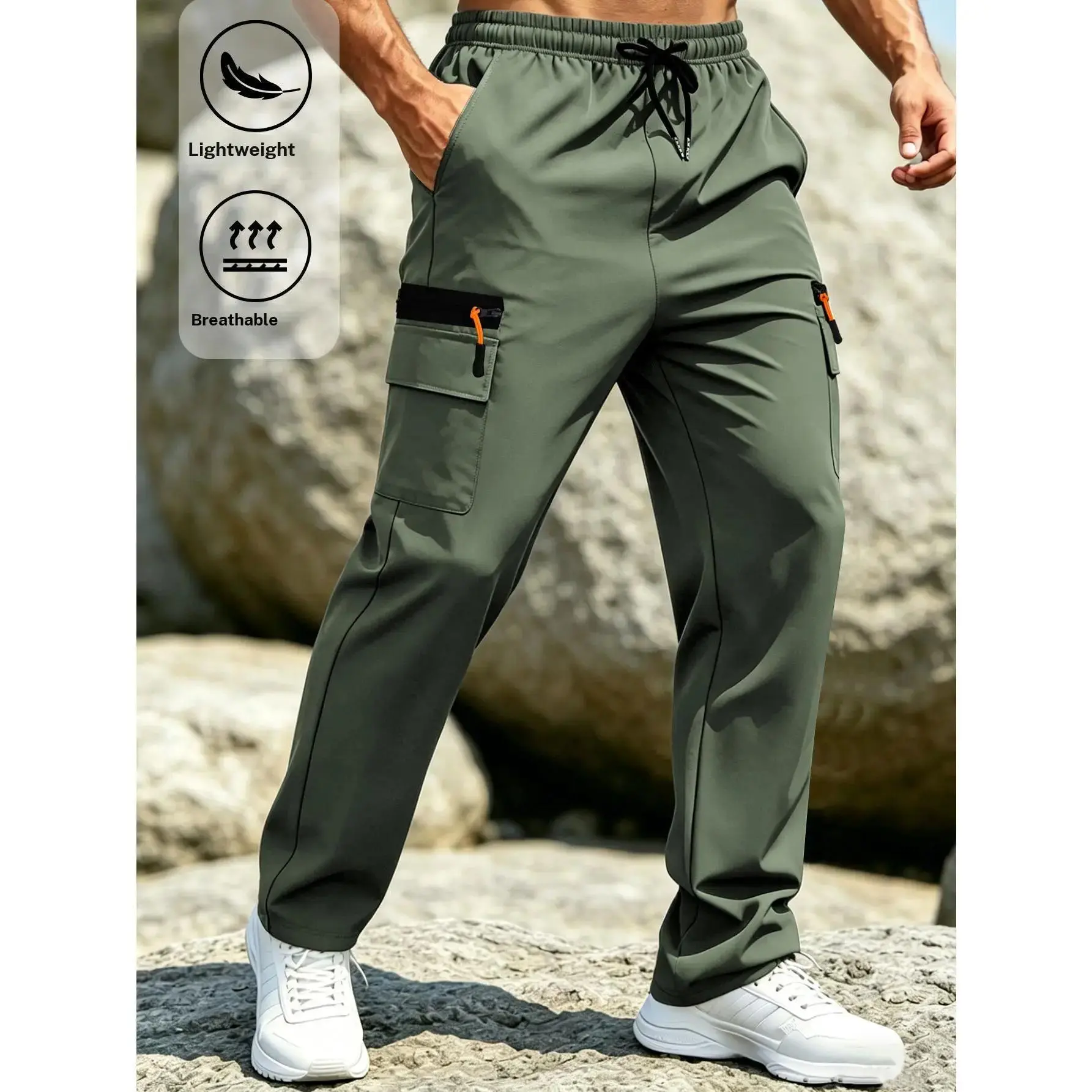 Men’s Multi Purpose Utility Work Cargo Joggers, Lightweight Fast Drying Solid Plain Fabric, Anti Theft Zip Fake Zip Pockets, Stretch Drawstring Elastic Waist, Oversized Cut Full Length, Machine Wash Ok Practical Bottoms for Backpacking, Daily Commutes