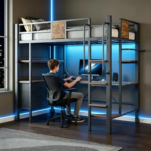 Space-Saving Twin Loft Bed with Desk and Stairs, 3 Fabric Storage Drawers, 2 Open Shelves, RGB LED Lights, USB Charging, Heavy Duty Metal Frame – Perfect for Kids & Teens