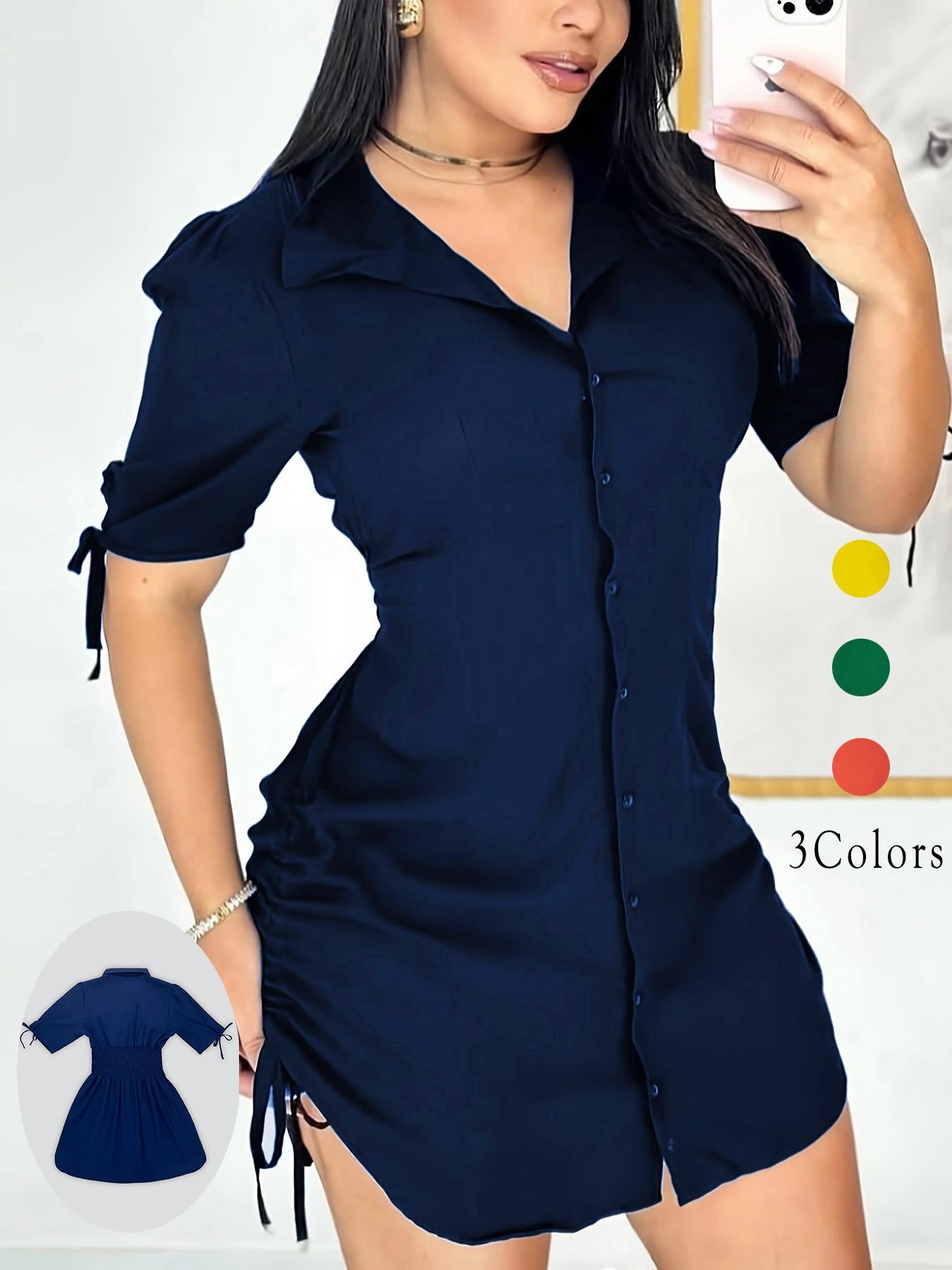 Women's Button Front Mini Dress, Lightweight Versatility, Split Hem Design, Adjustable Waist Tie, Ideal for Spring Summer Autumn