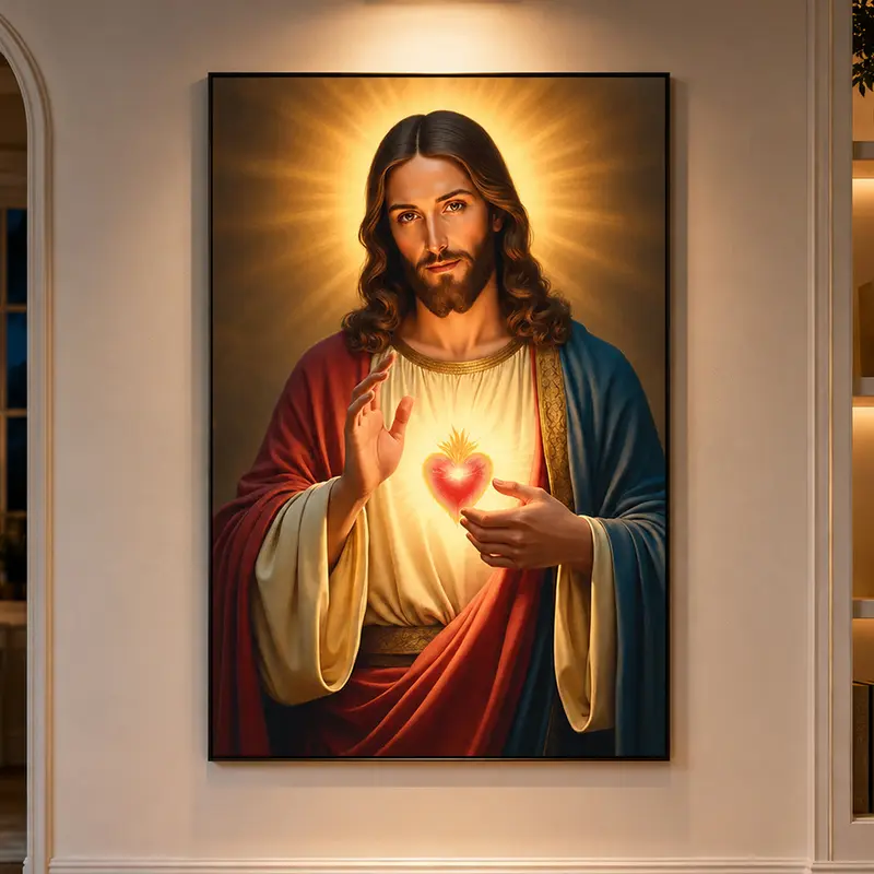 Frameless 2D Flat Sacred Heart of Jesus Canvas Print, Minimalist Biblical Wall Art, Wooden Box-Mountable Religious Decor, Christianity Faith Decor, Christian Wall Art, Catholic Home Decor, Jesus Poster, Prayer Room Decor, Religious Gif