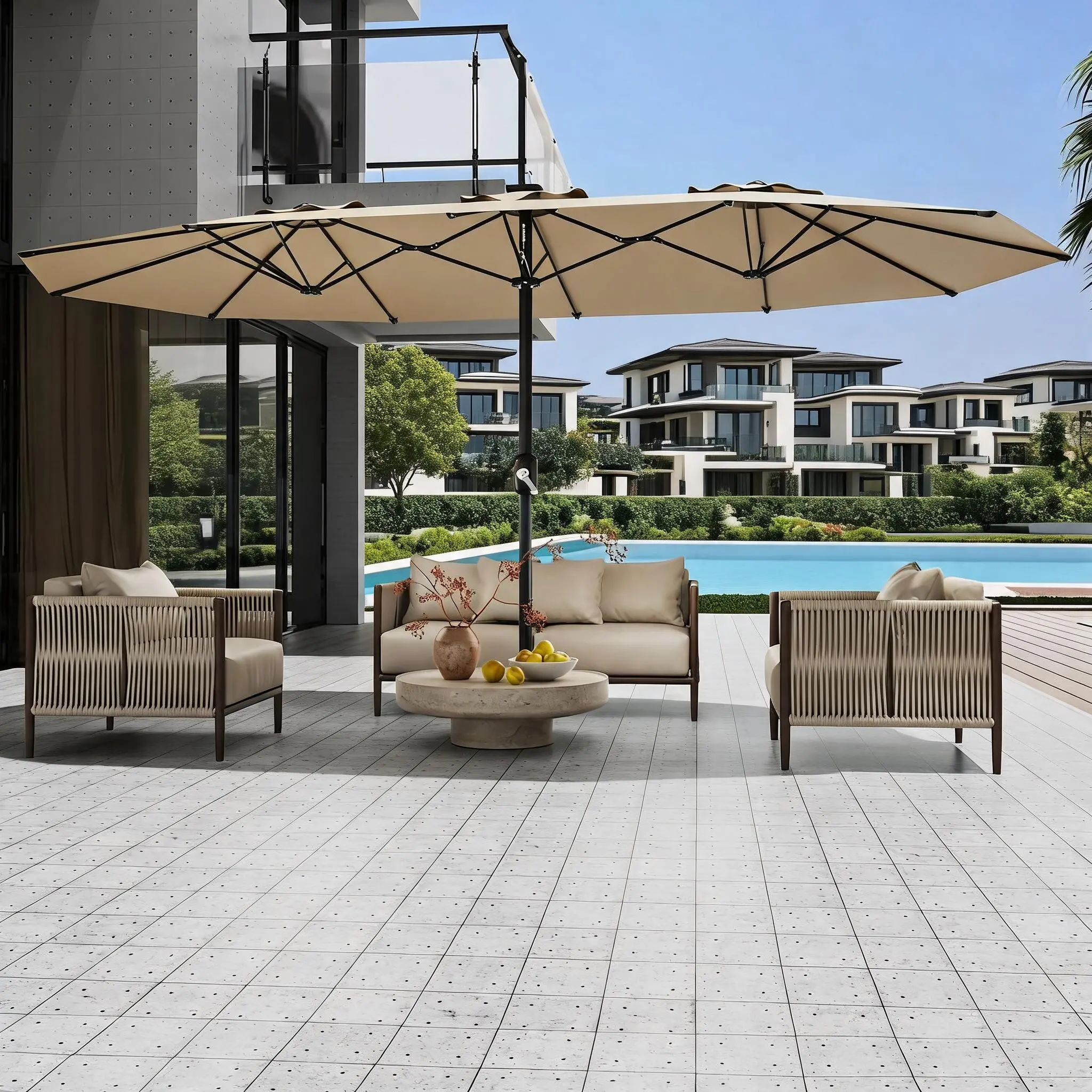 13FT Rectangular Double-Sided Outdoor Market Umbrella - 12-Rib Heavy Frame, UV-Protective Fade-Resistant Canopy, Simple Crank Control, Outdoor Furniture Set (No Base)
