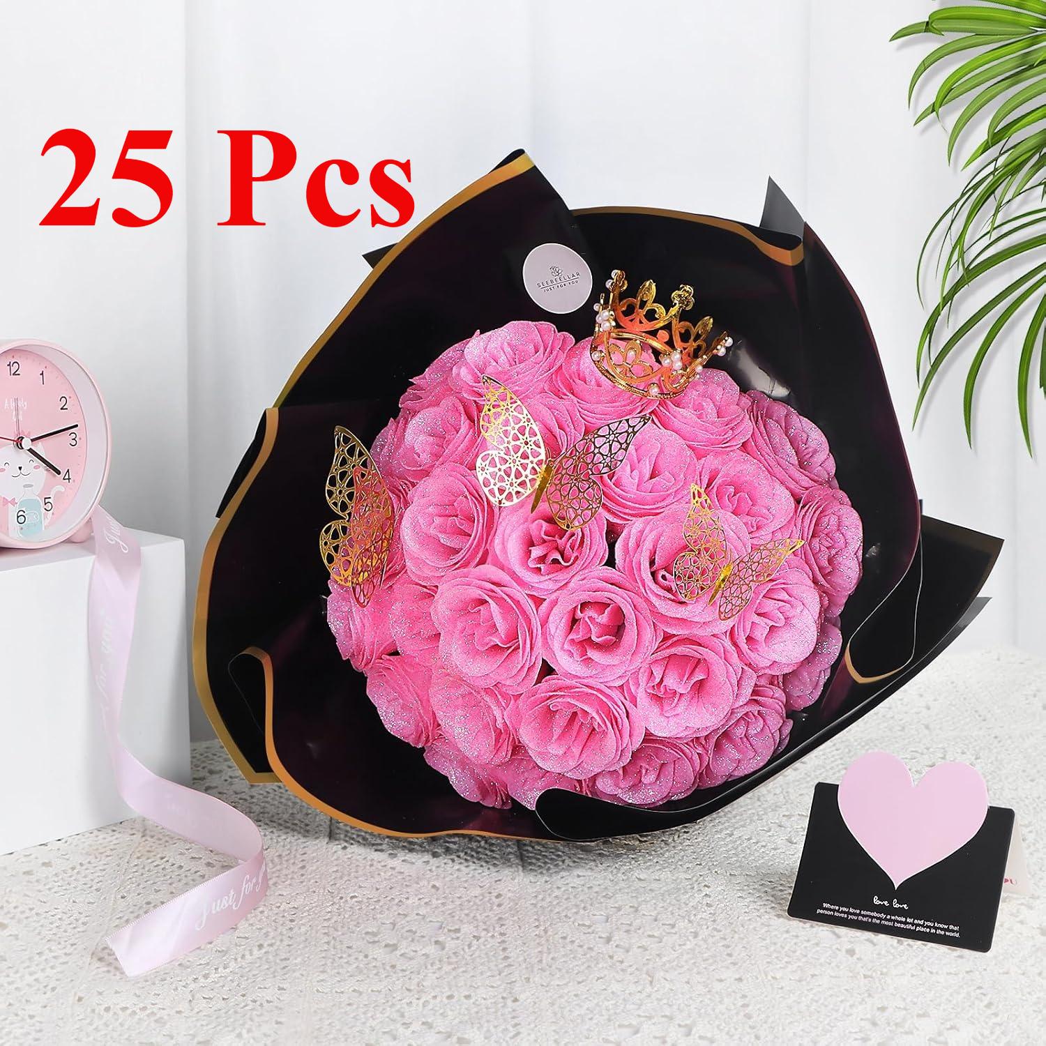 LOVE HOME 25 Pcs DIY Glitter Artificial Roses Bouquet - Shiny Fake Flowers for Home Decor, Ornaments, Room Decor, Mother's Day Gift, Weddings