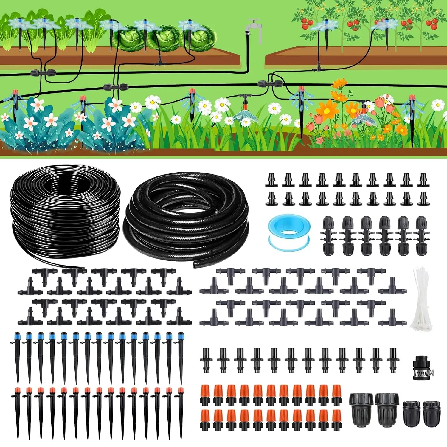 256FT Automatic Drip Irrigation System Kit,Automatic Garden Watering Misting System for Greenhouse, Yard, Plant, Lawn with 1/2 inch Hose 1/4 inch Distribution Tubing and Accessories
