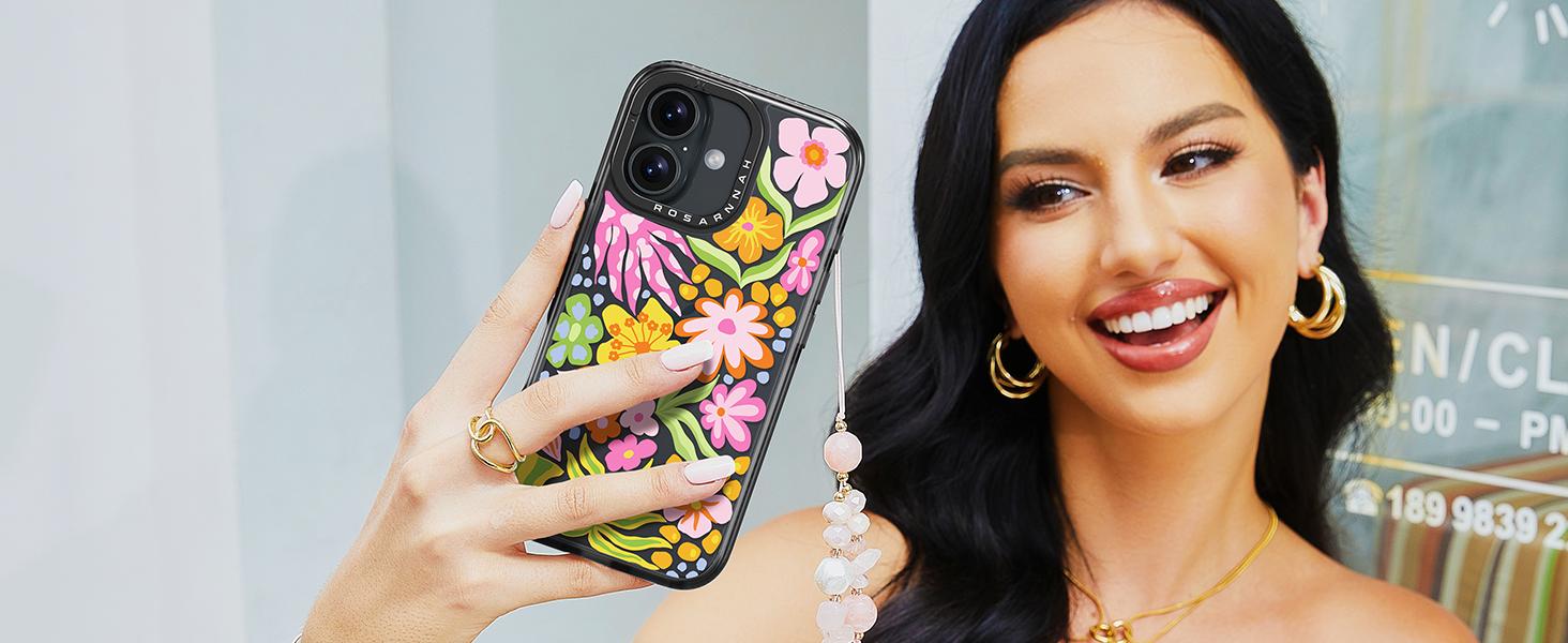 Compatible for iPhone 16 Case Cute - Durable Shockproof 6.6 ft Drop Impact Phone Case - Black Funny Nature Flower Design for iPhone 16 6.1"