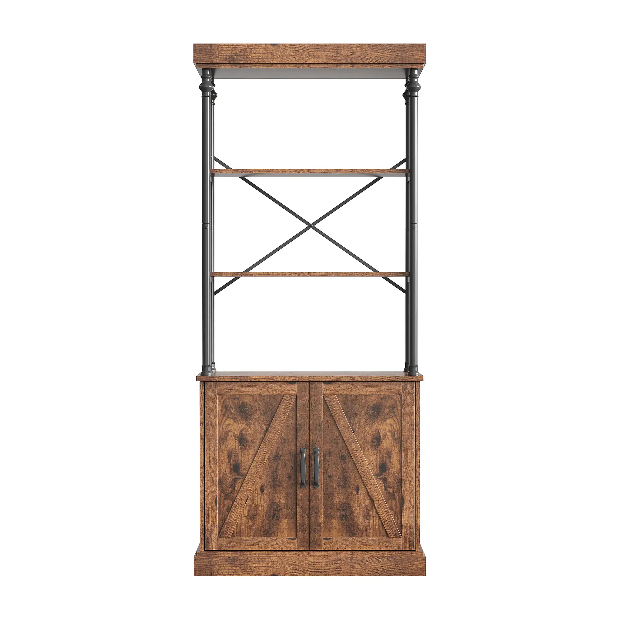 Industrial Tall Bookshelf with Doors, 4-Tier Rustic Wood and Metal Bookcase with Enclosed Cabinet, X-Brace Frame and Anti-Tip Kit, 73.6-Inch Freestanding Farmhouse Display Shelf for Living Room, Bedroom, Kitchen or Home Office, Gray or Retro Finish