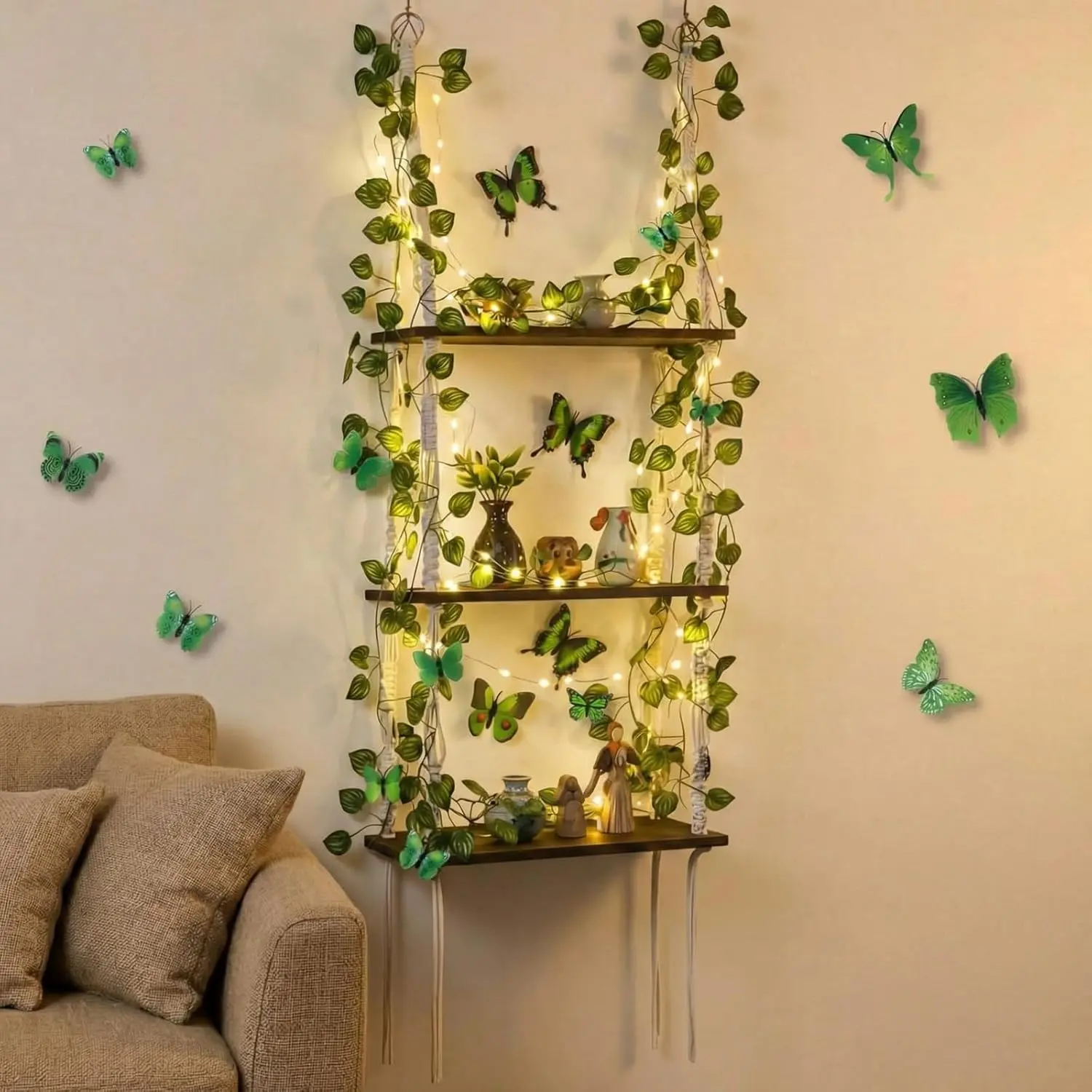 Novabright Bohemian 3-Layer Macrame Wall Hanging Shelves with Artificial Ivy Leaf, 36 3D Green Butterfly Wall Stickers, Wooden Floating Storage Shelf, LED Lights for Forest-Themed Home Supplies Decor