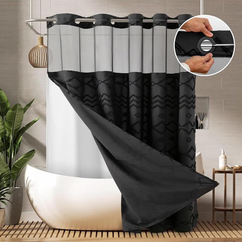 No Hook Shower Curtain with Snap in Liner SimpleStyle Double Layer Waterproof Inner Liner White Cloth 72x75 Inch Machine Washable Easy Care Dark Brown