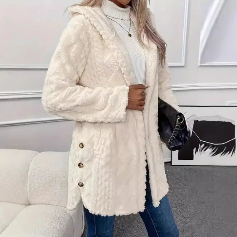 Lightweight Fuzzy Fleece Hooded Jacket Women's Casual Fluffy Sherpa Coat Warm Mid Length Teddy Cardigan Side Button Slits Cozy Fall Winter Outerwear Everyday Solid Color Relaxed Fit Comfy Loungewear Trendy Outfit 2026 Basics Tops