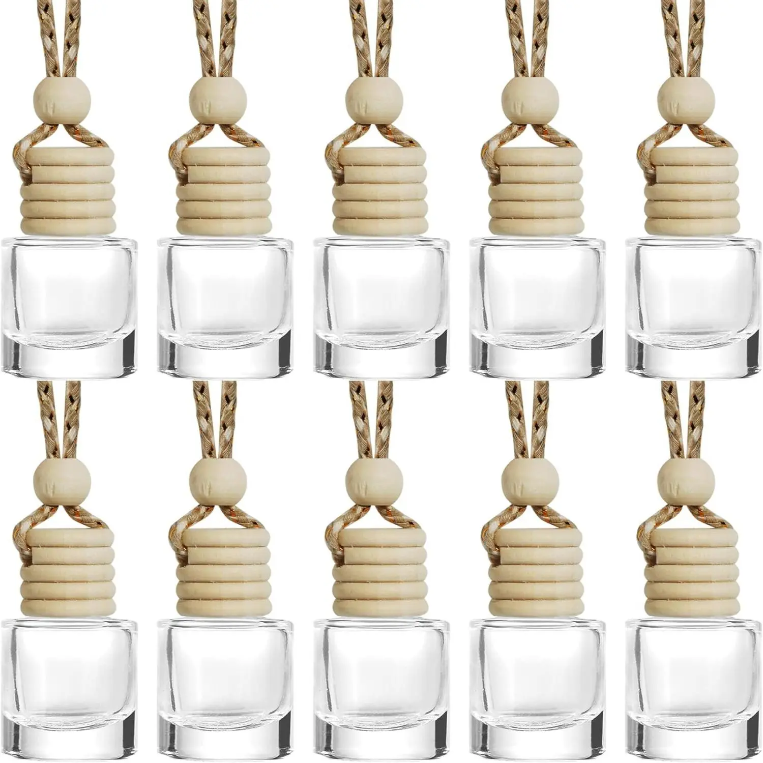 10 Pcs Car Diffuser Bottle Set with Wooden Caps,Dropper and Funnel, Car Accessory, Empty Glass Car Air Freshener Bottle Hanging Essential Oil Pendants for Car Decor, Can DIY Car Air Fresheners Diffuser, Car Interior Diffusers