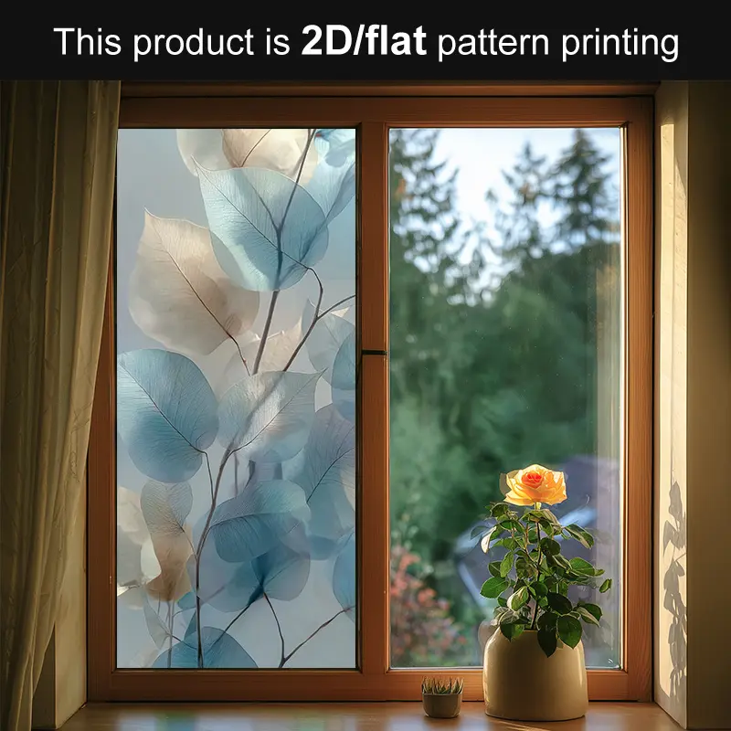 2D Flat - 2D Flat - 1pc, 2D/Flat, Translucent Blue Leaves Pattern PVC Glass Film, Static Cling Reusable Privacy Window Film for Living Room, Bathroom, Bedroom, Office Glass Decor