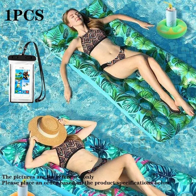New 21-Hole PVC Inflatable Water Float Bed, Adult Leaf Print Lounge Chair, Pool Floating Pad, Pool Float Lounger, Waterproof Phone Bag Included