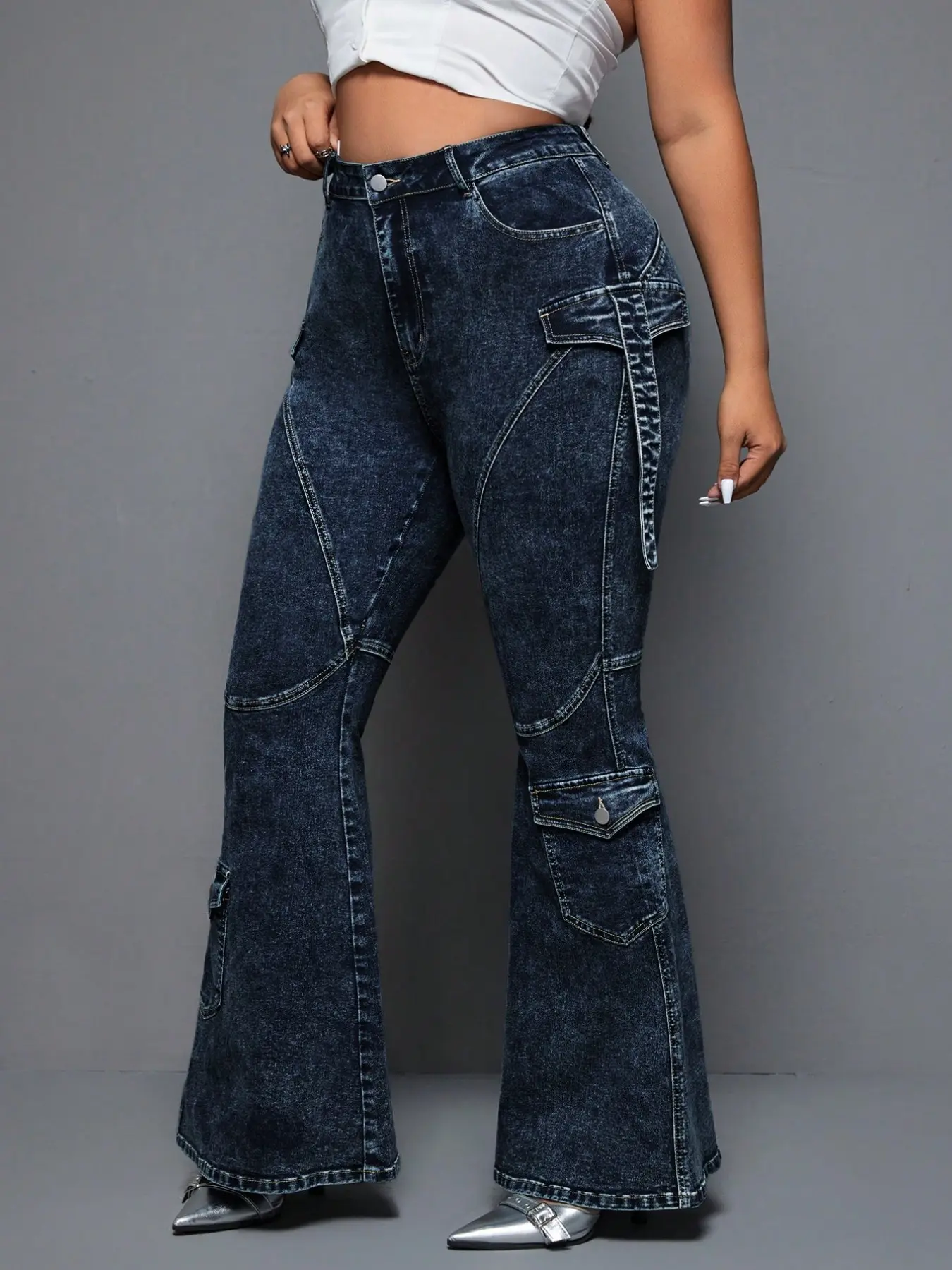 Plus Size Women's Dark Wash Workwear Bell Bottom Jeans, High Waist Multi-Pocket Patchwork Tie Belt, Stylish and Comfortable, Highrise Flare Jeans Pants, Fashion Casual Jeans