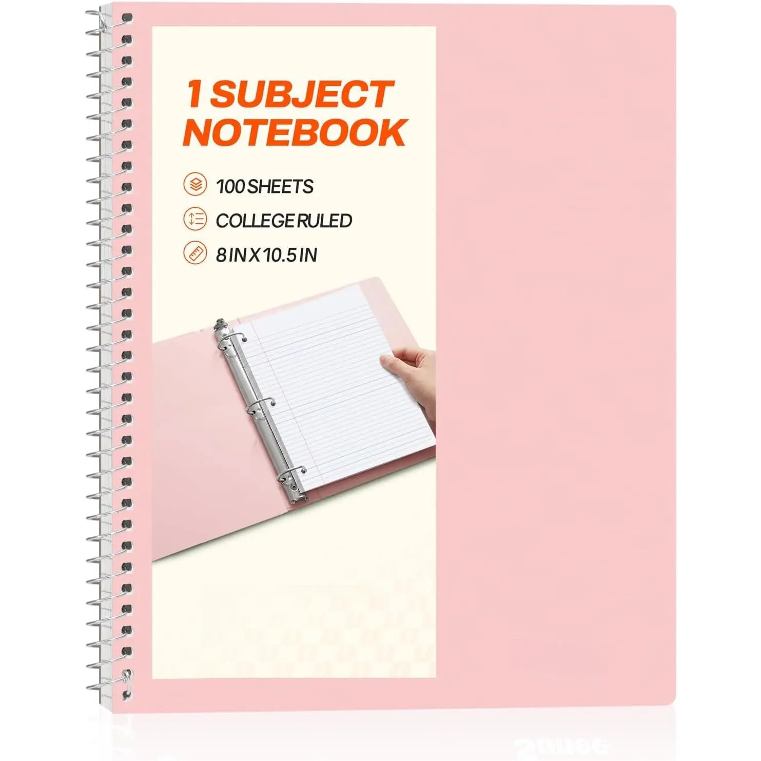 Spiral Notebook, 1-Subject, College Ruled Paper, 8" x 10-1/2", 100 Sheets per Notebook, 3-Hole Punched Paper, Water Resistant Cover, Double-sided Pockets, Spiral Lined Notebooks for Work,