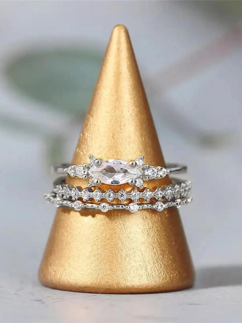 Women's Elegant Rhinestone Decor Promise Stack Rings, 3pcs/set Trendy Exquisite Engagement Rings, Chic Fashionable Jewelry As Gift for Women and Girls, Solitaire Stackable Rings