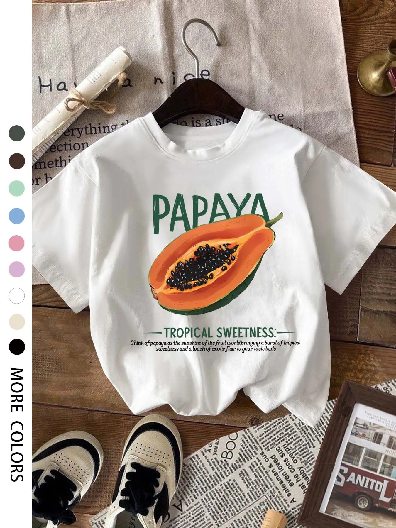 Women's Round Neck Short Sleeve T-Shirt, Papaya Graphic Print, Casual Wear, Soft Breathable Fabric, Perfect Summer Fashion Top