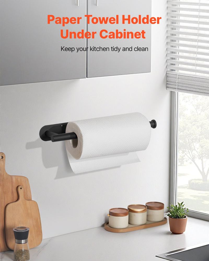 VEVOR Paper Towel Holder Under Cabinet, High-Quality Stainless Steel Paper Towel Holder, Self Adhesive or Drilling Paper Towel Holder Wall Mount for Kitchen, Bathroom, Pantry