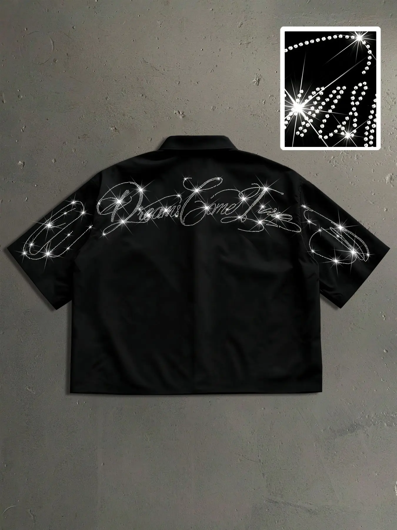 Men's Casual Short Sleeve Shirt, Rhinestone Letter Design, Lapel Collar, Button Front, Fall Fashion, Stylish and Comfortable