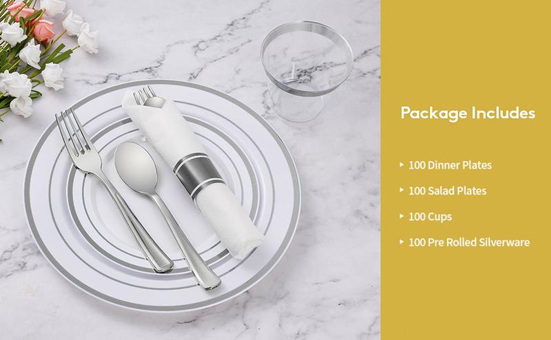 Goodluck 700 Piece Silver Plastic Dinnerware Set for 100 Guests, Disposable Plates for Party, Include: 100 Dinner Plates, 100 Dessert Plates, 100 Pre Rolled Napkins with Silverware, 100 Cups