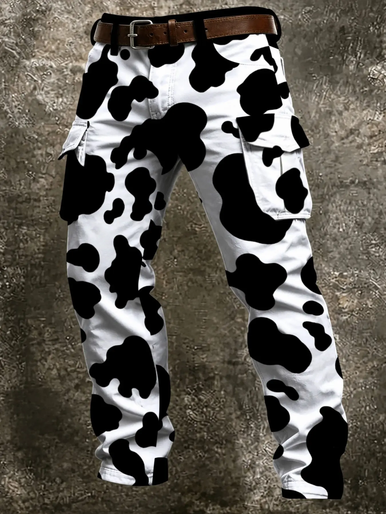 Men's Cow Print Cargo Pants, Fun Spot Pattern, Multi-Pocket Casual Long Trousers, Streetwear Fashion Bottoms