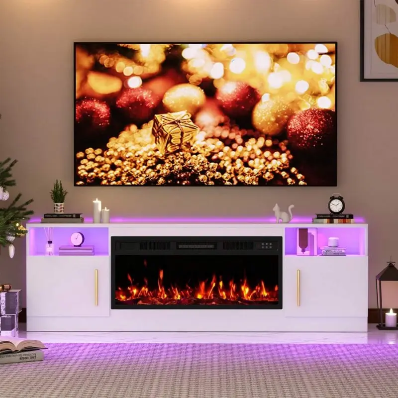 70-Inch Rectangular LED Lighting Fireplace TV Stand - 750w/1500w Power Modes, Adjustable, LED Flames, Crystal Stones, Storage Cabinet, 36" W * 15.16" H & 70" W * 13.8" D * 22.9" H, Fits TVs Up to 80 Inches