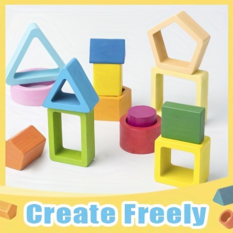 1 Set Color Sorting & Stacking Toy, Wooden Shape Sorter Building Blocks, Colorful Color Recognition Shape Classification Educational Blocks Toy for Kid