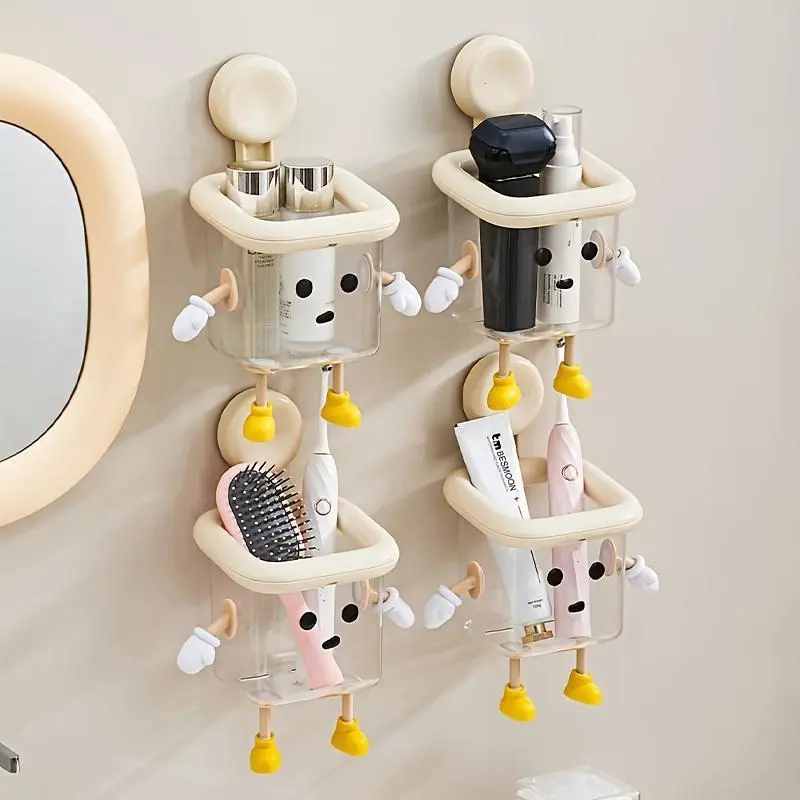 DIY Creative Cute Wall Mount Toothbrush Holder, No-Drill Suction Cup Bathroom Organizer with Multi-Sections for Toothpaste, Electric Toothbrush, Razor, Makeup Brushes, Kitchen Storage Supplies