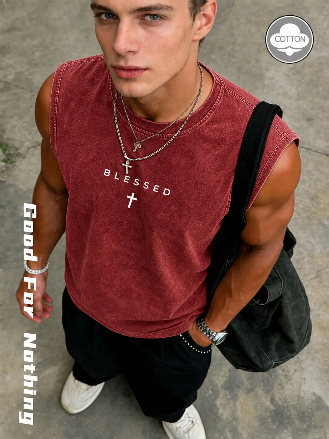 Men's Vintage Washed Sleeveless Vest, Blessed Cross Letter Print, Loose Fit, 100% Cotton, Streetwear, Casual Wear, Sports Fitness