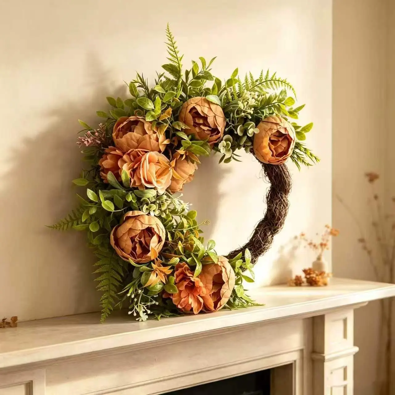 16-Inch Peach Blossom Fern Wreath, Irregular Spring Flower Ring, Half-Circle Fresh Flowers Door Decor, Farmhouse Easter Wedding Wall Decoration