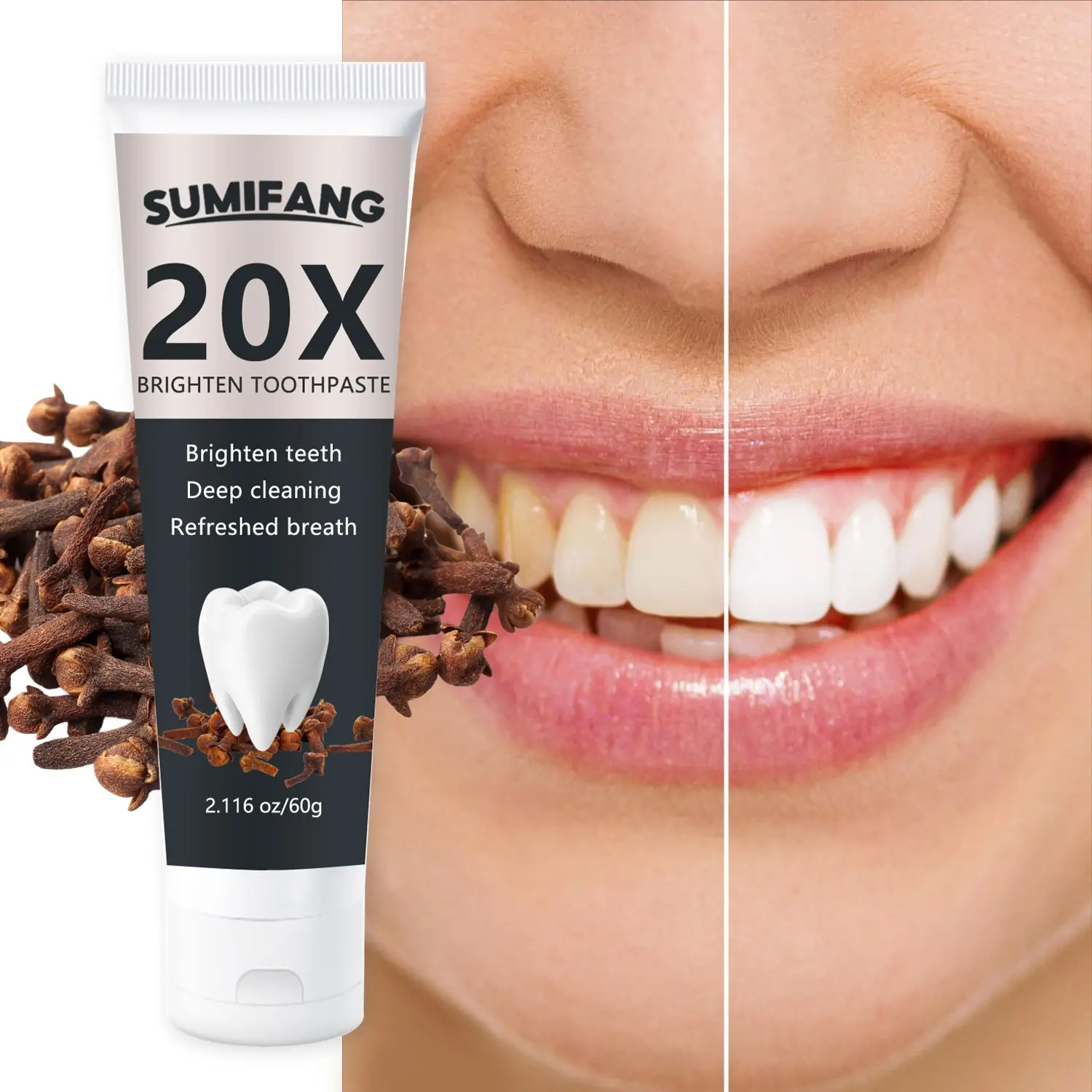 Peppermint Fresh Whitening Toothpaste, Deep Oral Cleansing, Long-Lasting Fresh Breath, Gentle Dental Care, Protects Sensitive Teeth, 60g