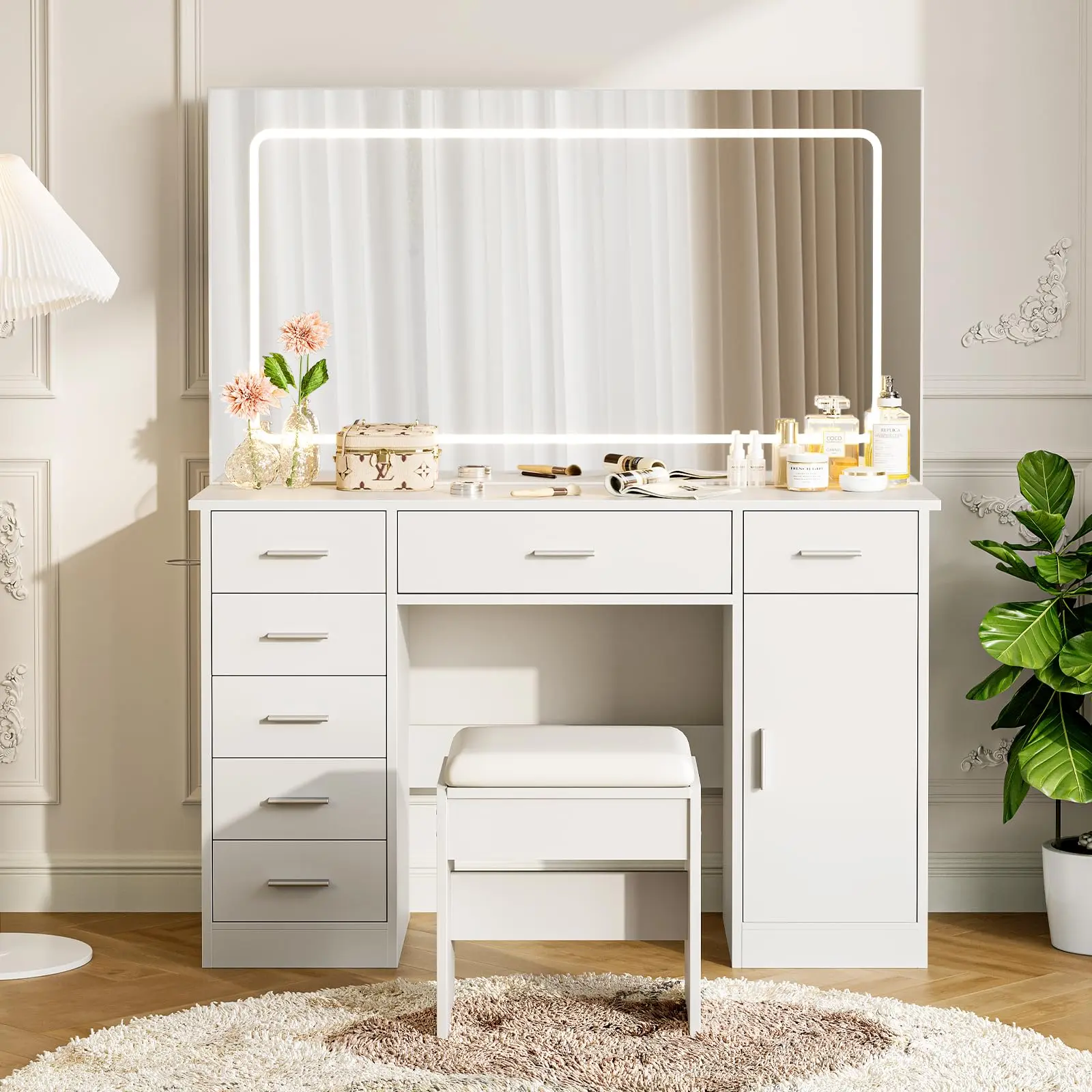 GAOMON Modern Rectangular Makeup Vanity Desk - Lighted Tri-Mode LED Mirror, 7 Drawers, Charging Station, Stool, Hair Dryer Holder - Marble Finish/White/Black for Bedroom