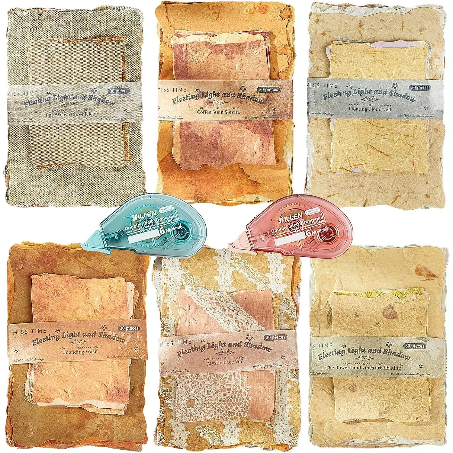 180 Sheets Embossed Textured Scrapbook Paper with 2 Double Sided Tapes, 6 Packs Scrapbook Supplies Kit for Scrapbooking, Junk Journal, Card Making Supplies, Planner, Collage