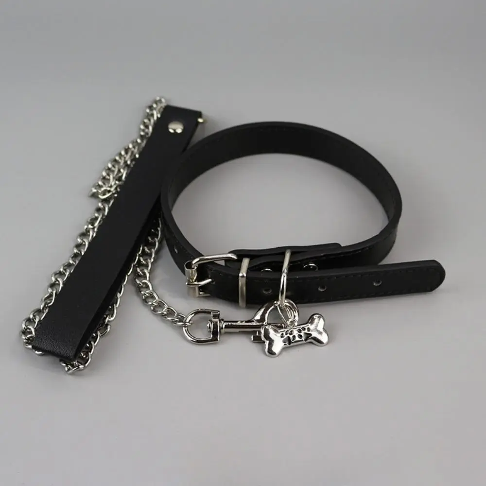 Gothic Punk Leather Choker Collar with Chain Leash Bone Charm Metal Buckle Cosplay Necklace Set for Women Men Black Silver
