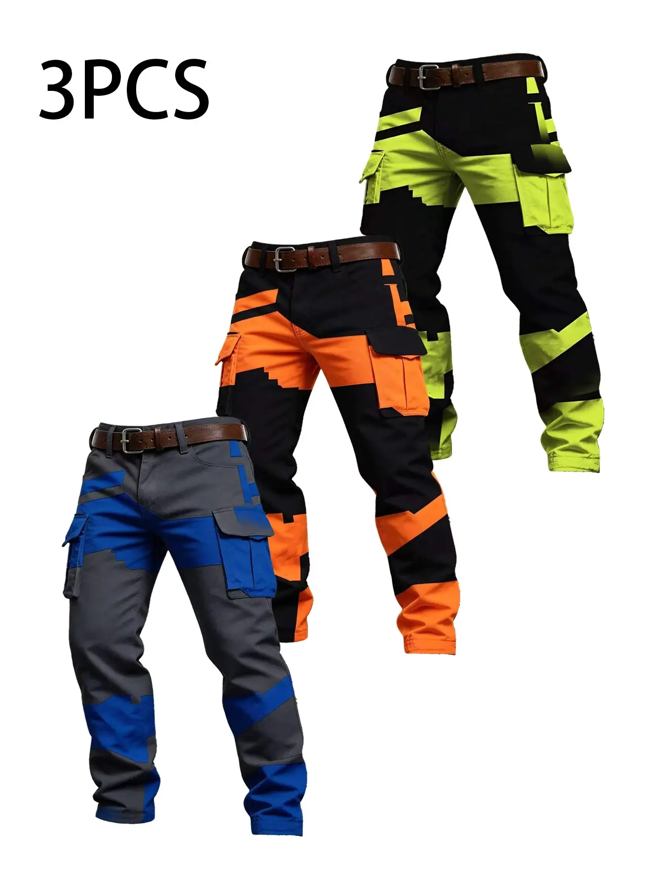 3-Pack Men's Bright Color Camouflage Work Pants, Multi-Pocket Functional Ankle-Length Casual Long Pants, Fluorescent Block Patchwork