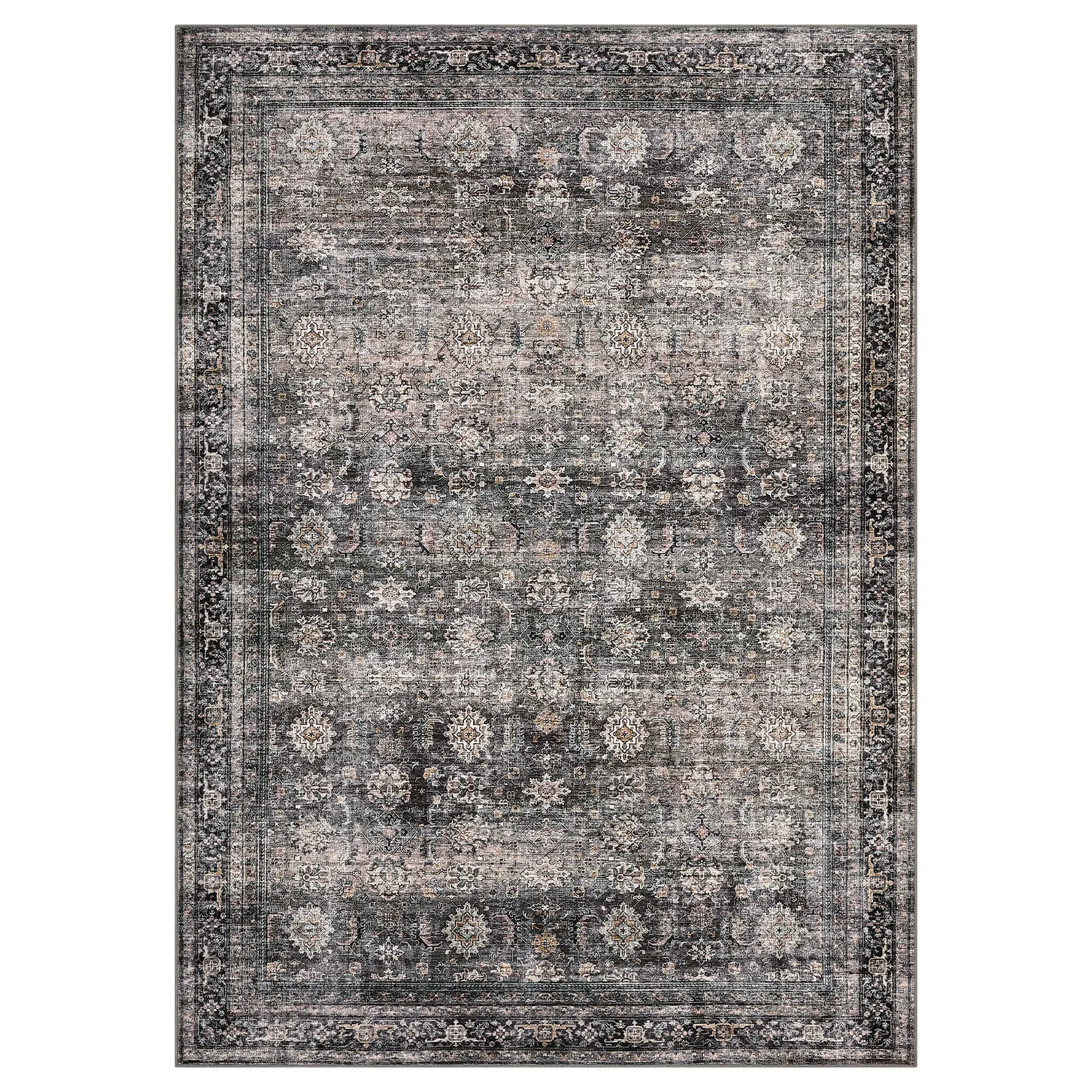 Washable Vintage Area Rug – Non-Slip, Mark Resistant, Soft Low-Pile Carpet – Denim Blue Distressed Design – Multiple Sizes for Living Room, Bedroom, Kitchen, Entryway