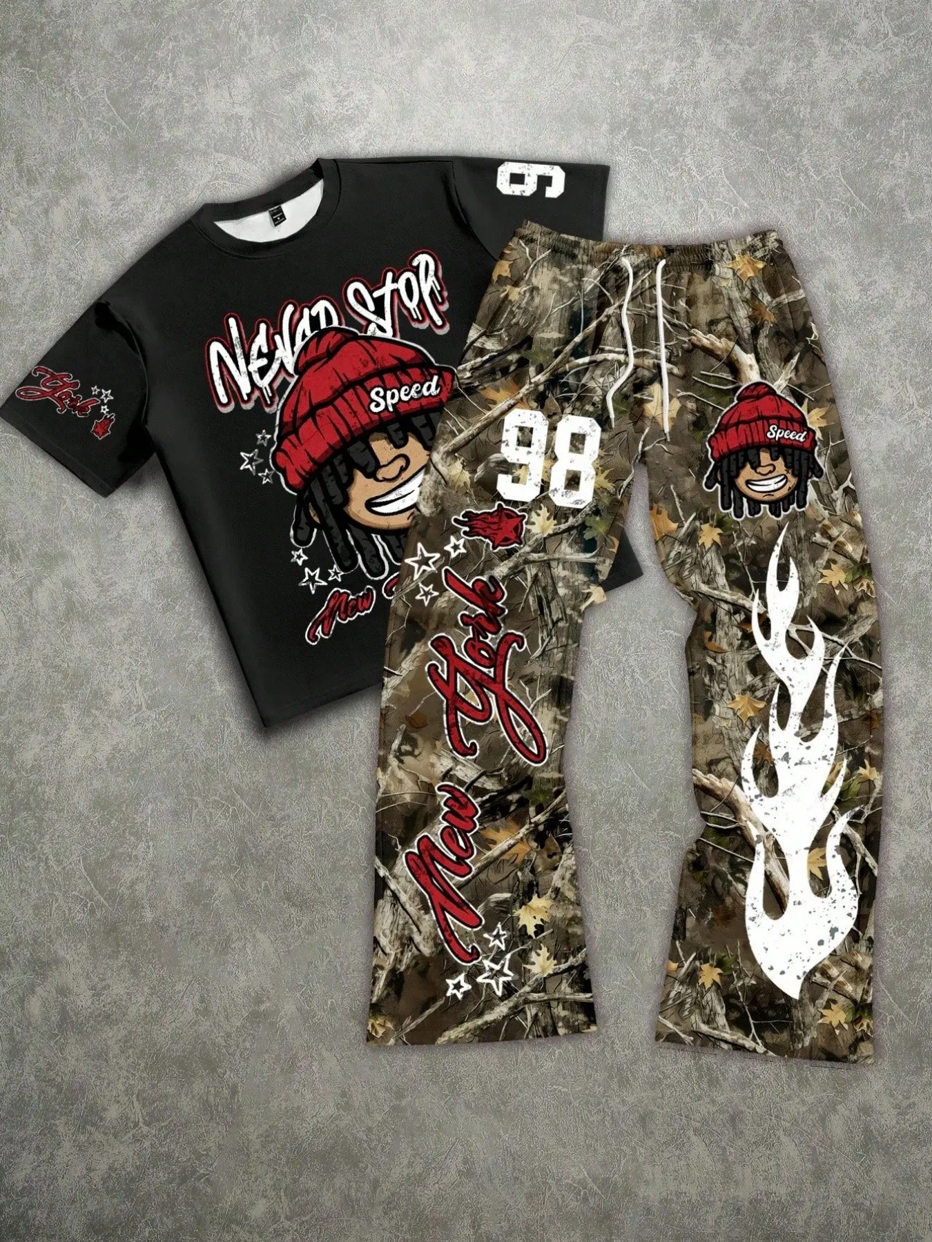 Never Stop Hat Dreadlocks Cartoon Portrait Short Sleeve Jungle Camo Fire Number 98 Microflare Pants Two-Piece Set, American Retro Hip Hop Men's Casual