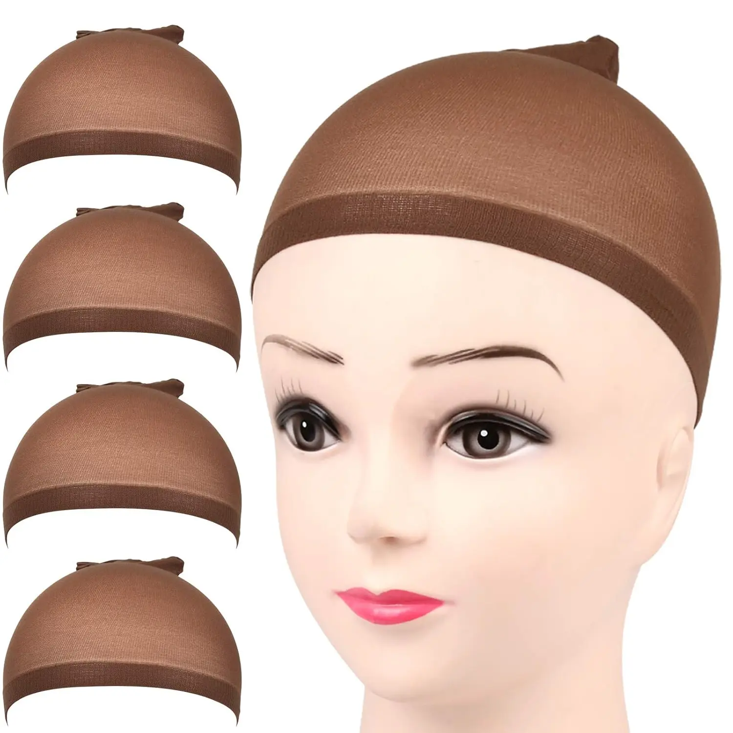 Wig Cap, 4 count Dark Brown Stocking Wig Caps Stretchy Nylon Wig Caps for Women