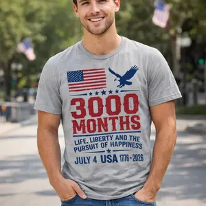 July 4 USA 250 Years 3000 Months Patriotic Tshirt Bald Eagle American Flag Print Life Liberty Pursuit Of Happiness Unisex Men Women Holiday Party Top