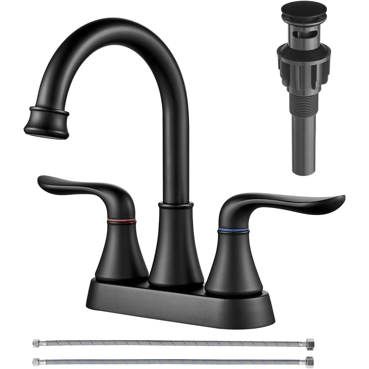 Bathroom Faucets for Sink 3 Hole, 4 inch Matte Black with Pop-up Drain and 2  Hoses 2 Handle Centerset Faucet for Sink