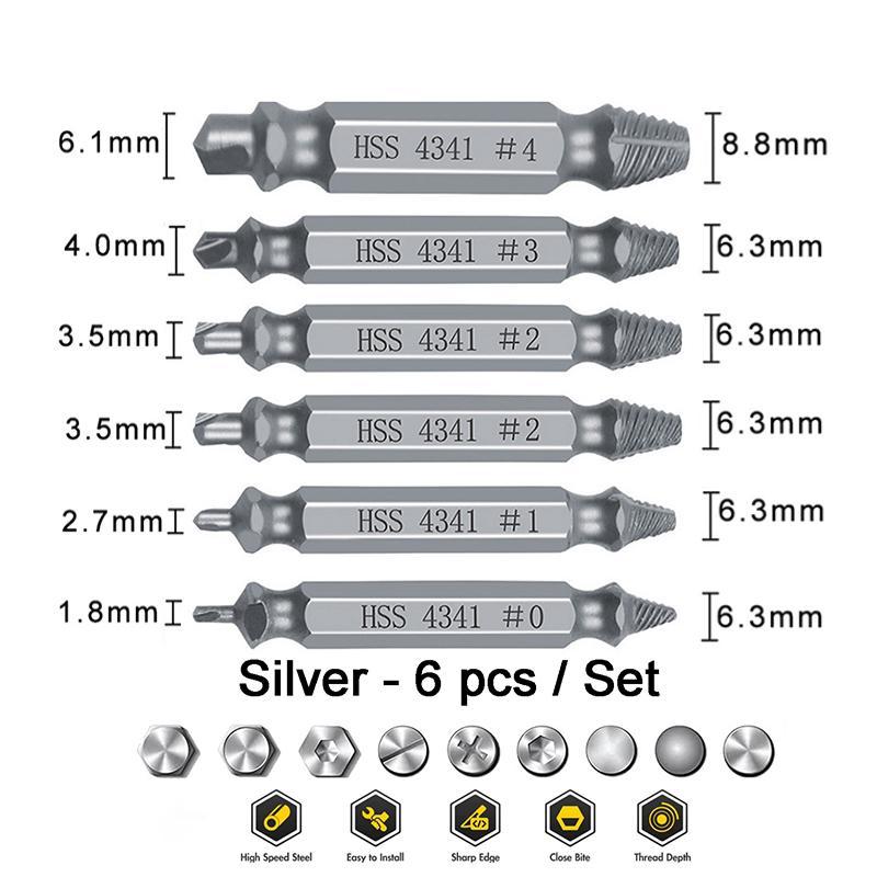 Stripped Broken Screw Remover,6 Counts Set Easy Out Bolt Extractor, Damaged Screw Extractor Set,Double Head Extraction Design Extractor Head,Household Repair Tools, Power Tool Accessories, Screwdriver Bit Clip.